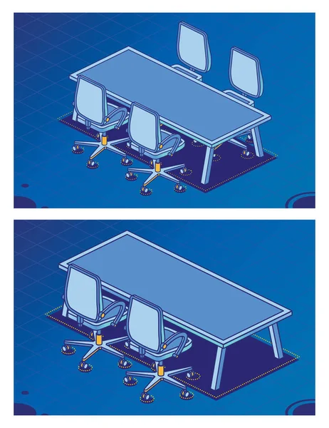 轮椅和四只腿的现代桌子上有两把和四把等位办公椅 室内家具 空桌子 蓝色背景上的物体 董事会 — 图库照片