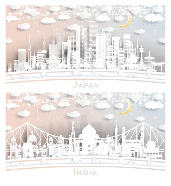India Japón City Skyline Set Estilo Corte Papel Con Edificios — Foto de Stock