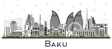 Bakü Azerbaycan Şehri Skyline ve Renk Binaları beyaza izole edilmiş. Vektör İllüstrasyonu. Tarihi yerleri olan Bakü Şehri manzarası. Tarihi Mimariyle İş Seyahati ve Turizm Konsepti.