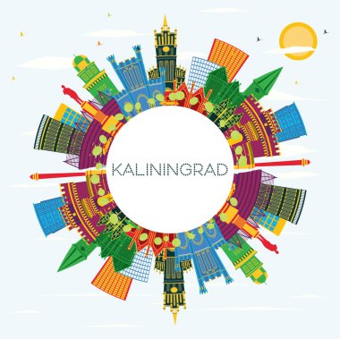 Kaliningrad Rusya şehir manzarası renkli binalar, mavi gökyüzü ve kopya alanı. İş seyahat ve Turizm kavramı tarihi mimarisi ile. Kaliningrad Cityscape yerler ile.