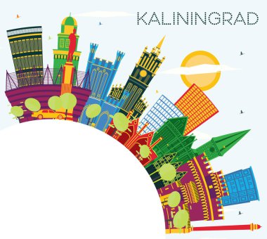 Kaliningrad Rusya şehir manzarası renkli binalar, mavi gökyüzü ve kopya alanı. İş seyahat ve Turizm kavramı tarihi mimarisi ile. Kaliningrad Cityscape yerler ile.