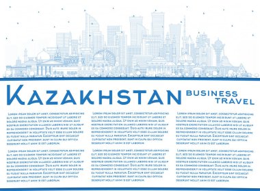 Mavi Binalar ve Uzayı Kopyalayan Kazakistan City Skyline 'ın ana hatlarını çiz. Vektör İllüstrasyonu. Modern Mimarlık kavramı. Tarihi işaretli Kazakistan şehri manzarası. Nur-Sultan ve Almaty.