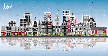 Lviv Ukrayna City Skyline Renkli Binalar, Mavi Gök ve Yansımalar. Vektör İllüstrasyonu. Landmark 'lı Lviv City manzarası. Tarihi Mimariyle İş Seyahati ve Turizm Konsepti.