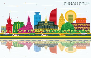 Renkli Binalar, Mavi Gökyüzü ve Yansımalar ile Phnom Penh Kamboçya Şehir Skyline. Vektör İllüstrasyon. Tarihi Mimari ile Seyahat ve Turizm Konsepti. Dönüm noktaları ile Phnom Penh Cityscape.