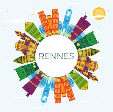 Rennes Fransa şehir manzarası renkli binalar, mavi gökyüzü ve kopya alanı. Vektör çizim. İş seyahat ve Turizm kavramı tarihi mimarisi ile. Rennes Cityscape yerler ile.