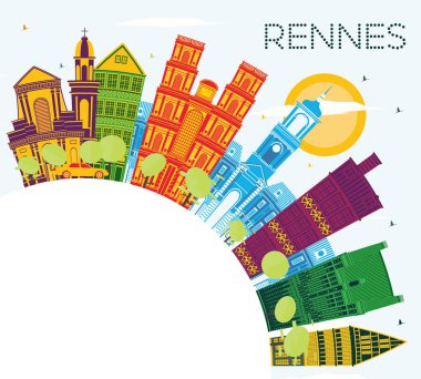 Rennes Fransa şehir manzarası renkli binalar, mavi gökyüzü ve kopya alanı. Vektör çizim. İş seyahat ve Turizm kavramı tarihi mimarisi ile. Rennes Cityscape yerler ile.