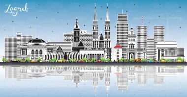 Zagreb 'de Renkli Binalar, Mavi Gökyüzü ve Yansımalarla Gökyüzü Kenti. Vektör İllüstrasyonu. Zagreb Şehri 'nde tarihi yerler var. Tarihi Mimariyle İş Seyahati ve Turizm Konsepti.