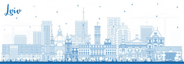Outline Lviv Ukraine City Skyline with Blue Buildings. Vector Illustration. Lviv Cityscape with Landmarks. Business Travel and Tourism Concept with Historic Architecture.