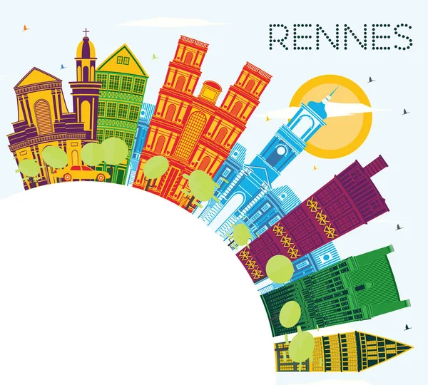 レンヌ フランス都市スカイライン コピー スペース 青空色の建物 ベクトルの図 ビジネス旅行や歴史的建造物を観光概念です ランドマークとレンヌ都市景観 — ストックベクタ