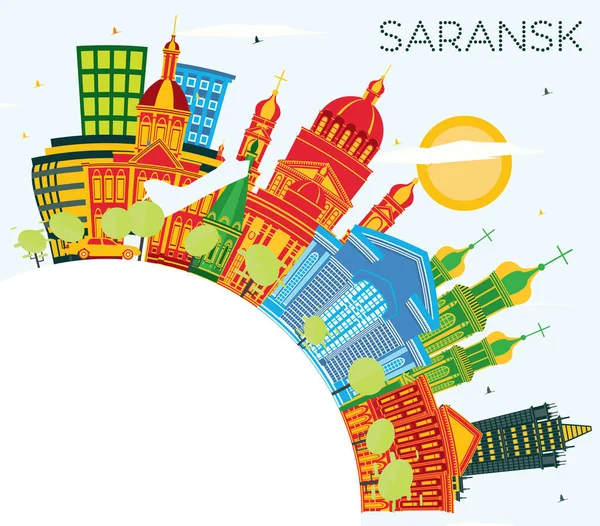 Saransk Oroszország City Skyline Színes Épületek Kék Másol Hely Vektoros — Stock Vector