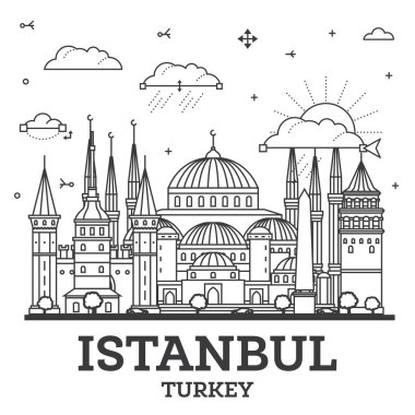 İstanbul 'un ana hatları olan Türkiye City Skyline' ın beyaza izole edilmiş tarihi binaları. Vektör İllüstrasyonu. İstanbul Kent Simgeleriyle.