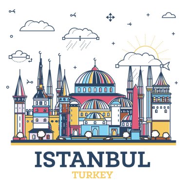 İstanbul 'un ana hatları olan Türkiye Şehri, beyaza izole edilmiş Siyahi Tarihi Binalar ile birlikte ufuk çizgisi. Vektör İllüstrasyonu. İstanbul Kent Simgeleriyle.