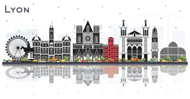 Lyon France City Skyline Renk Binaları ve Yansımaları Beyazın üstüne izole edilmiş. Vektör İllüstrasyonu. Tarihi Mimariyle İş Seyahati ve Kavram. Simgeli Lyon Şehir Manzarası.