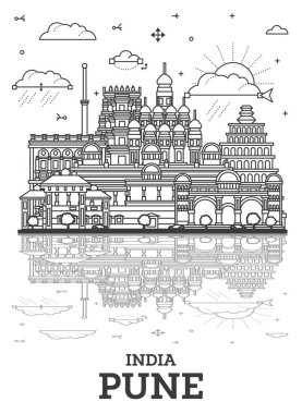 Pune India City Skyline 'ın ana hatlarıyla birlikte tarihi yapılar ve beyaza izole edilmiş yansımalar. Vektör İllüstrasyonu. Simgeli Pune Maharashtra Şehir Alanı.