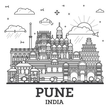 Pune India City Skyline 'ın ana hatları. Tarihi Binalar beyaza izole edilmiş. Vektör İllüstrasyonu. Simgeli Pune Maharashtra Şehir Alanı.
