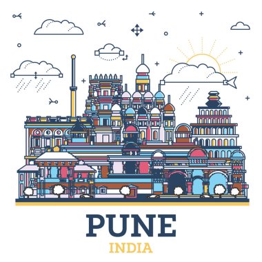 Pune India City Skyline 'ın ana hatlarıyla Renkli Tarihi Binalar beyaza izole edildi. Vektör İllüstrasyonu. Simgeli Pune Maharashtra Şehir Alanı.