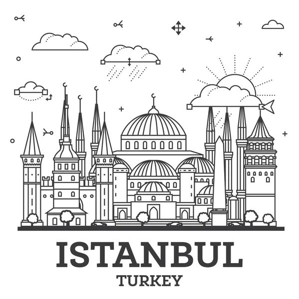 Stanbul Ana Hatları Olan Türkiye City Skyline Beyaza Izole Edilmiş — Stok Vektör