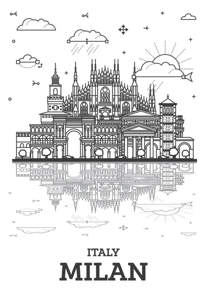 Esquema Milan Italia City Skyline Con Edificios Históricos Reflexiones Aisladas — Archivo Imágenes Vectoriales