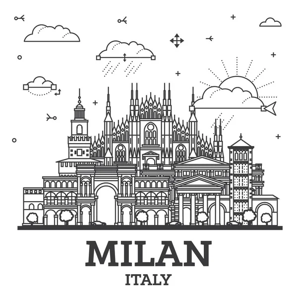 Garis Besar Milan City Skyline Dengan Bangunan Bersejarah Terisolasi Putih - Stok Vektor