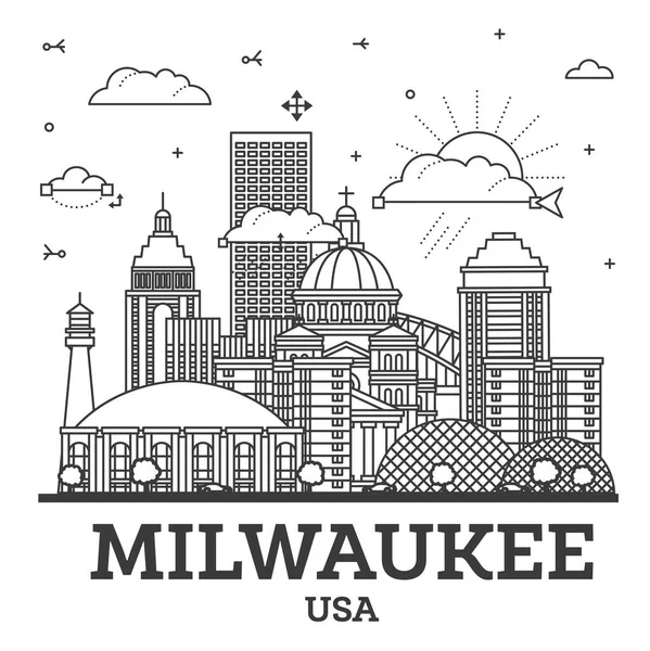 Zarys Milwaukee Wisconsin City Skyline Nowoczesnymi Budynkami Izolowanymi Białym Tle — Wektor stockowy
