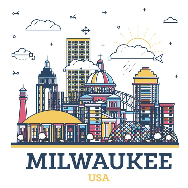 Zarys Milwaukee Wisconsin City Skyline Nowoczesnymi Kolorowymi Budynkami Izolowanymi Białym — Wektor stockowy