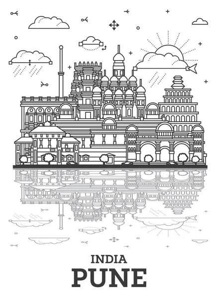 stock vector Outline Pune India City Skyline with Historic Buildings and Reflections Isolated on White. Vector Illustration. Pune Maharashtra Cityscape with Landmarks.