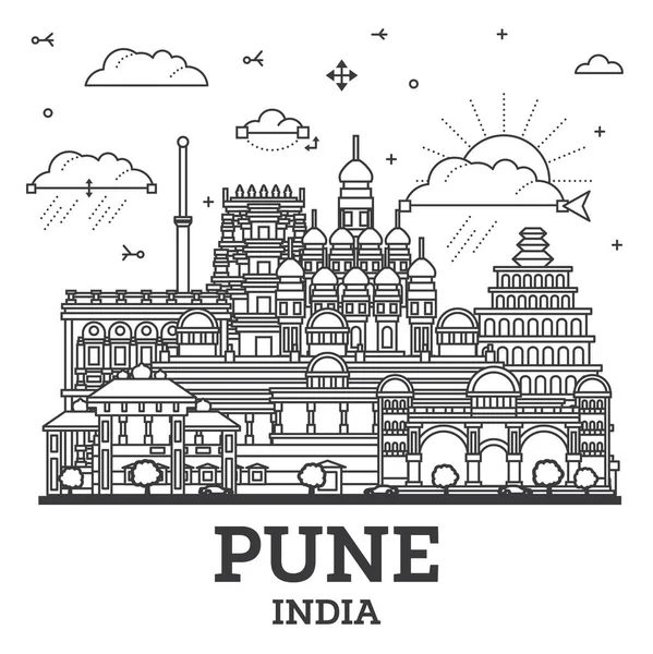 stock vector Outline Pune India City Skyline with Historic Buildings Isolated on White. Vector Illustration. Pune Maharashtra Cityscape with Landmarks.