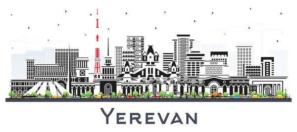 エレバンアルメニア市スカイライン白に隔離された色の建物と ベクトルイラスト ランドマークとエレバンの街の風景です 歴史的建造物とのビジネス旅行と観光の概念 — ストックベクタ