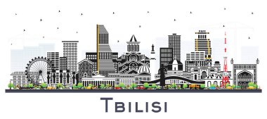 Tiflis Georgia City Skyline ve White 'ta izole edilmiş Renk Binaları. Vektör İllüstrasyonu. Şehir simgeleriyle Tiflis şehri. Tarihi Mimariyle İş Seyahati ve Turizm Konsepti.