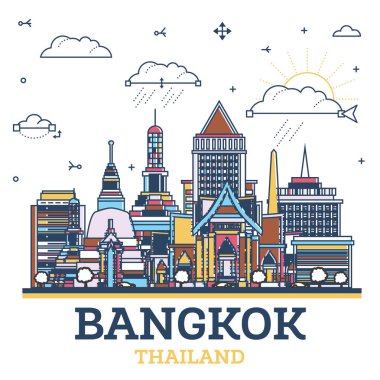 Bangkok 'un ana hatları Tayland City Skyline ve beyaza izole edilmiş renkli tarihi binalar. Vektör İllüstrasyonu. Tarihi Simgeli Bangkok Şehri.