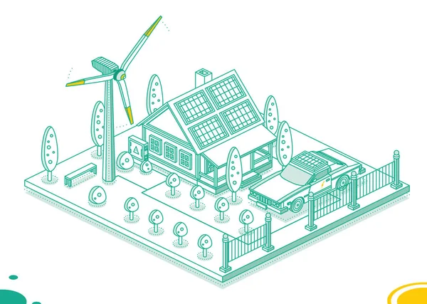 ソーラーパネル 風力タービン 電気変圧器を備えたアイソメトリックスマートハウス 緑のエネルギーの生成 持続可能な再生可能エネルギーライフスタイル グリーンエネルギー産業 ベクターイラスト — ストックベクタ