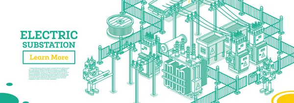 等距能量变电站 电力变压器 概述概念 病媒说明 分销链的一部分 高压电厂 — 图库矢量图片