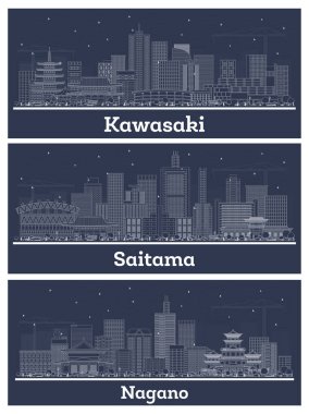 Ana hatlarıyla Saitama, Nagano ve Kawasaki Japon Şehir Skyline Set ve Beyaz Binalar. Tarihi Mimariyle İş Seyahati ve Turizm Konsepti. Yer İmlerine sahip şehir manzarası.