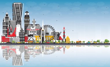 İsveç 'e hoş geldiniz. Gray Binaları, Blue Sky ve Reflections ile City Skyline. Tarihsel Mimarlık. Kent simgeleriyle İsveç Şehri. Stockholm. Uppsala. Malmö. Göteborg.