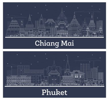 Ana hatlarıyla Phuket ve Chiang Mai Tayland City Skyline Set ve Beyaz Binalar. Modern Mimariyle İş Seyahatleri ve Turizm Konsepti. Yer İmlerine sahip şehir manzarası.