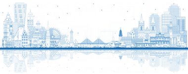 İsveç 'e hoş geldiniz. Blue Buildings ve Reflections ile City Skyline ana hatları. Tarihsel Mimarlık. Kent simgeleriyle İsveç Şehri. Stockholm. Uppsala. Malmö. Göteborg.