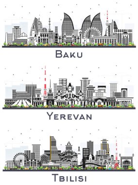 Erivan, Tiflis ve Bakü Azerbaycan City Skyline Set ve Beyaz Renkli Binalar. Yer İmlerine sahip şehir manzarası.