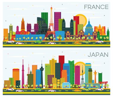Renkli Binalar ve Mavi Gökyüzü ile Fransa ve Japonya Skyline Set 'e hoş geldiniz. Tarihsel Mimarlık. Şehir simgeleriyle dolu. Toulouse. Paris mi? Lyon. Marsilya. Tokyo mu? Osaka 'da. Nagoya.