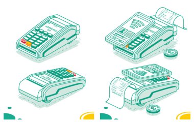 Isometric POS Terminali beyaz arka planda izole edildi. Ödeme Makinesi. Temassız NFC ödemesi. Akıllı Telefon ve Nakit Faturalı POS Terminali.
