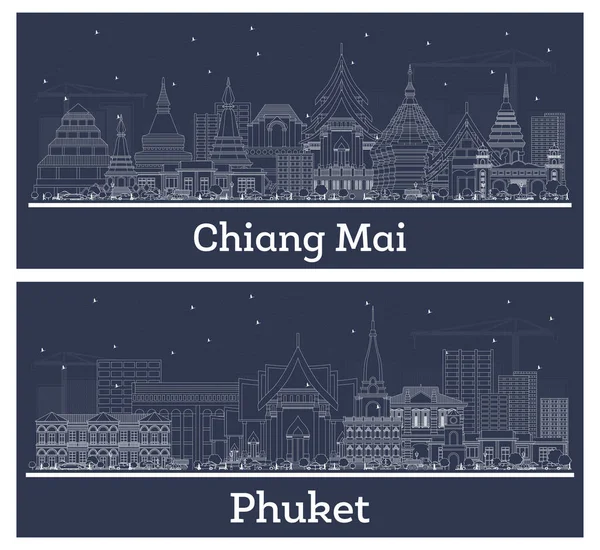 Outline Phuket Chiang Mai Thailand City Skyline Set White Buildings — Stock Photo, Image