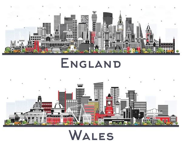 England Wales City Skyline Set Gray Buildings Isolated White Concept — Stock Photo, Image