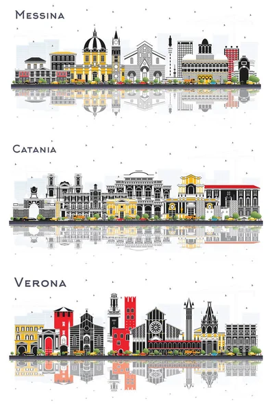 カターニア ヴェローナとメッシーナシチリア島イタリア都市スカイライン白に隔離された色の建物や反射とセット ランドマークと都市景観 — ストック写真