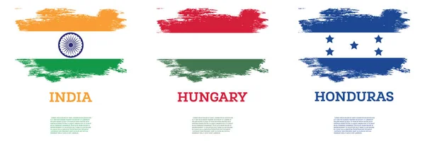 Honduras, India and Hungary Flags Set with Brush Strokes. Independence Day.