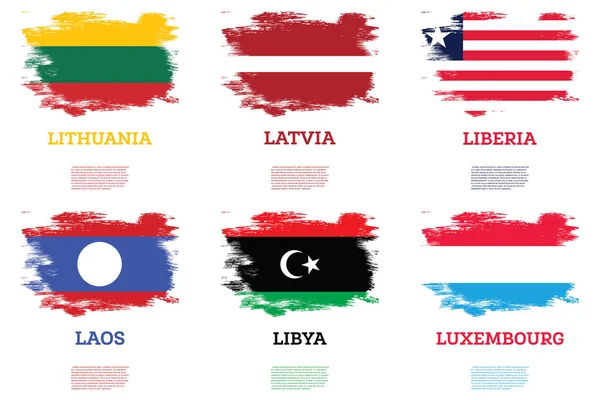 Laos Łotwa Liberia Libia Luksemburg Litwa Flagi Zestaw Pociągnięć Pędzlem — Zdjęcie stockowe