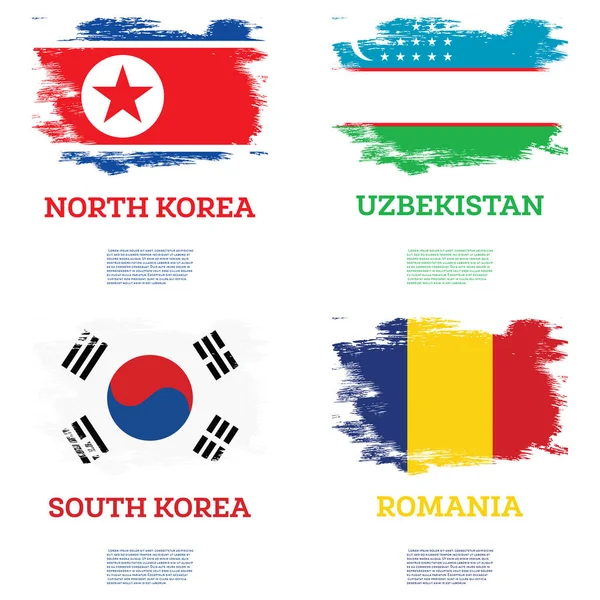 South Korea Uzbekistan Romania North Korea Flags Set Brush Strokes — Stock Photo, Image