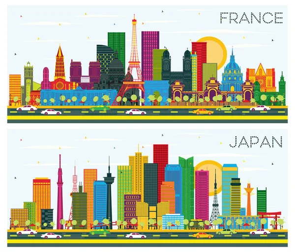 Witamy Francji Japonii Zestawie Skyline Kolorowymi Budynkami Błękitnym Niebem Architektura — Zdjęcie stockowe