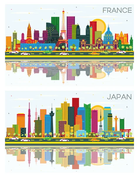 Добро Пожаловать Францию Японию Skyline Set Цветными Зданиями Голубым Небом — стоковое фото