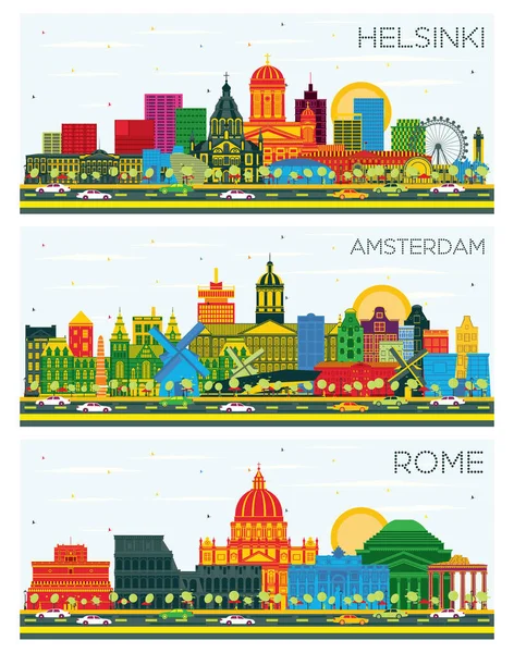 Amsterdam Holandia Rzym Włochy Helsinki Finland City Skyline Set Color — Zdjęcie stockowe