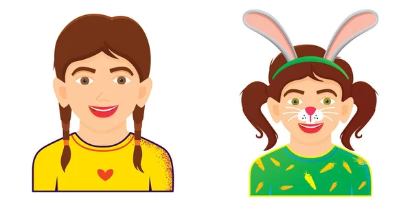 以白色背景为背景的黄色T恤衫中有趣女孩的画像 与兔子画女孩的面部绘画图标 卡通人物 — 图库照片