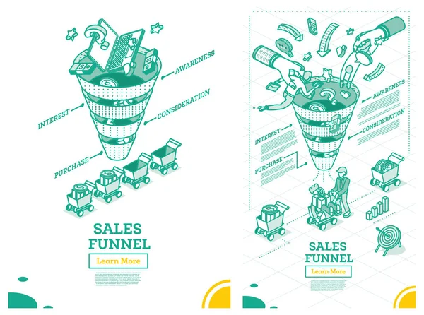 Stages of a Sales Funnel. Digital Marketing Concept. Outline Design. Isolated on White Background. Business Infographics.